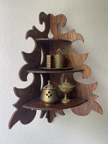Antique Tiger Oak Corner Wall Shelf, Wooden, Hand Crafted, 20” Tall - Picture 15 of 23