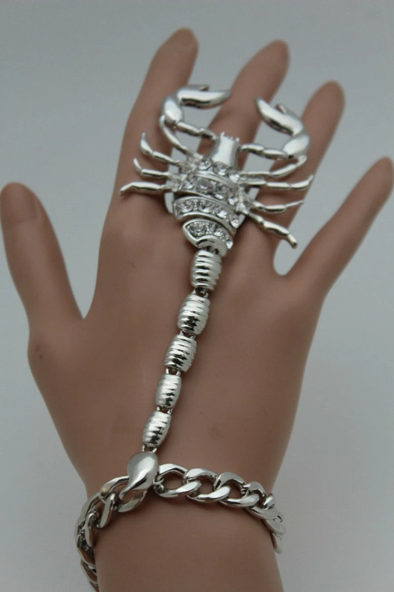 Women Silver Metal Scorpion Hand Chain Bracelet Connected Ring