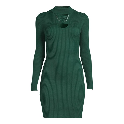 No Boundaries Green Mock Neck Fitted Ribbed Bodycon Long Sleeve Sweater Dress S - 第 1/12 張圖片