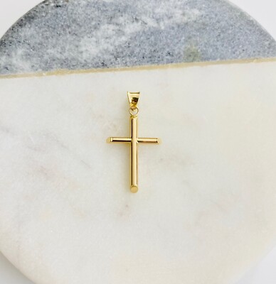 14K Real Yellow Gold Polished Cross Pendant - 30mm x 16mm Plain