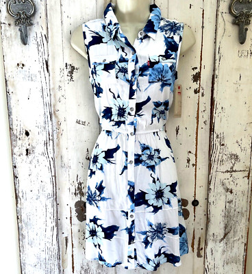 Levi's Size Girls Size Large Blue White Floral Collared Summer Casual Dress