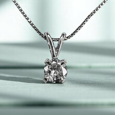 14K Gold - Natürliches Diamant Collier -18''- 0,20ct - Solitär Anhänger - Weißgold 1g