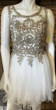 Aspeed White Tulle Gold Embroidered Fit & Flare Mini Dress NWT Size Medium