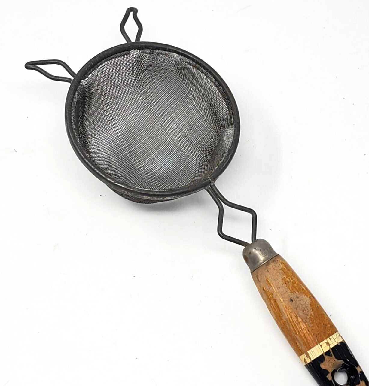 Wood Handled Hand Held Strainer Metal Mesh Sieve - Kitchen Gadget Vtg READ