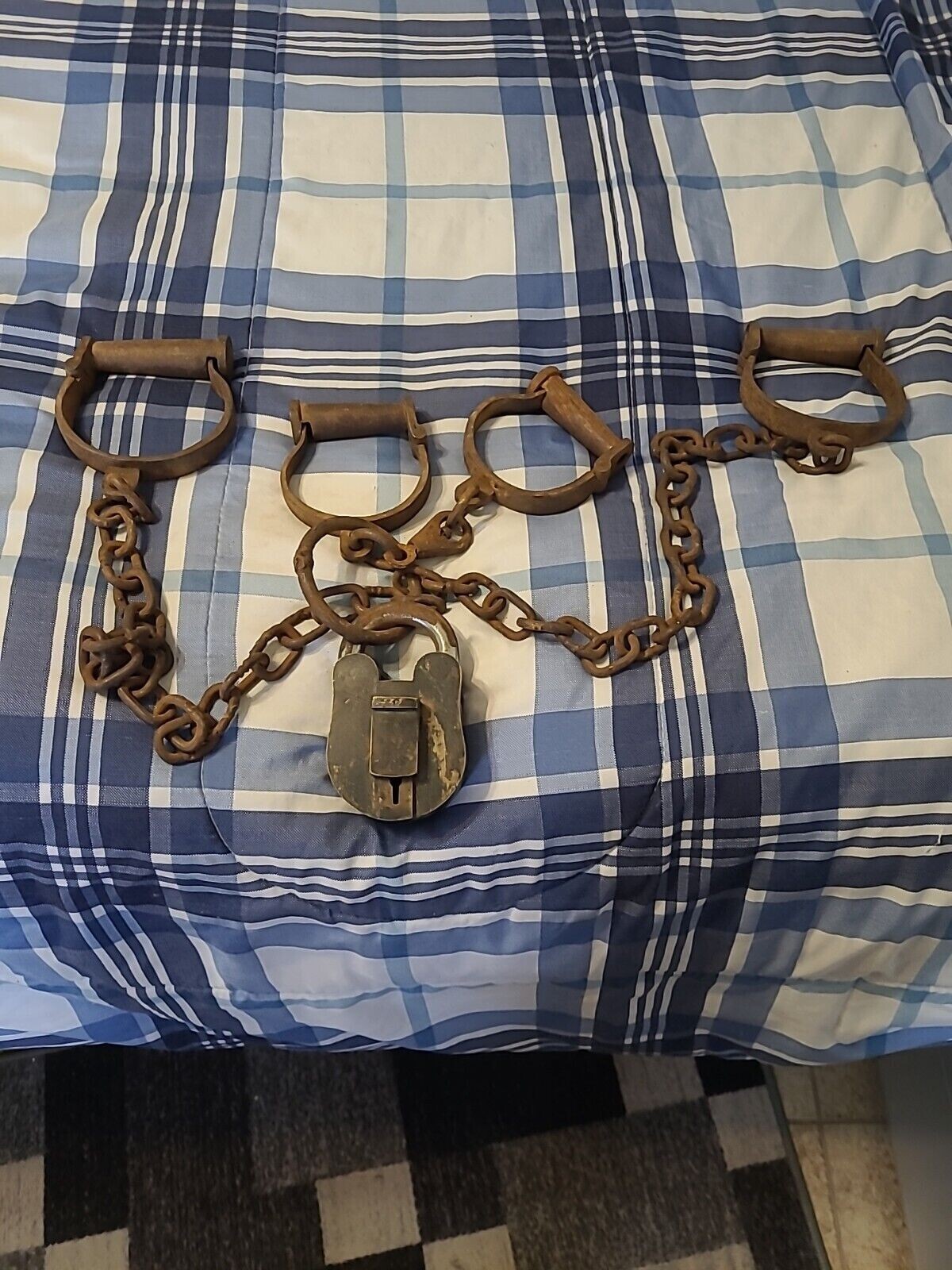 Antique Iron Legs And Handcuffs With Old Pad Lock old Antique Leg