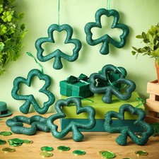 12 Pcs Large St. Patrick's Day Shamrocks Ornament Set 3D Glitter Shamrock Han...