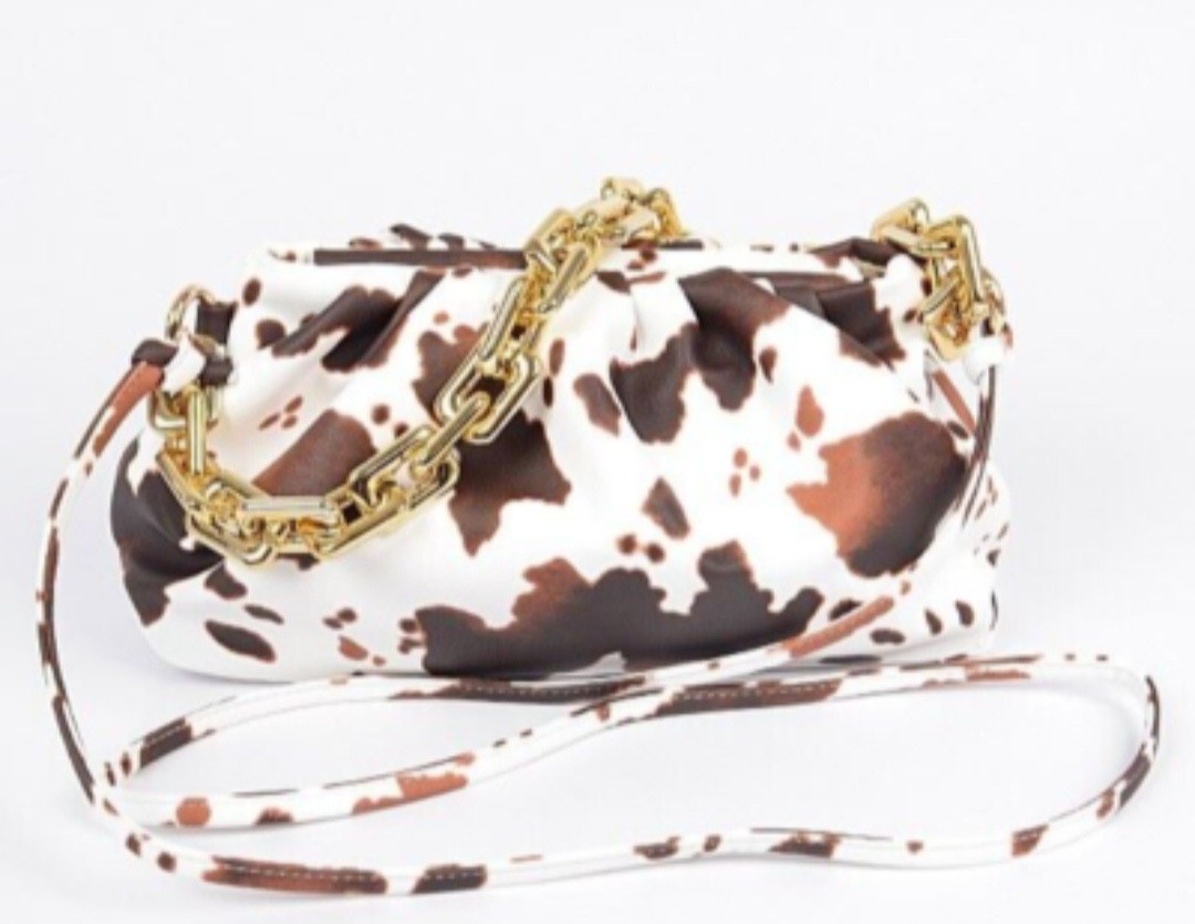 Cow Print Clutch With Chain Detachable Strap