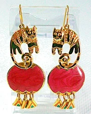 Gold tone Vintage Edgar Berebi Multicolor Enamel Cat Earrings, wire, Dangle