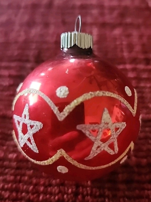 Vintage Shiny Brite Made USA Glass Ball Ornament Red White Stenciled Stars Dots
