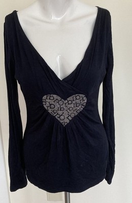 Roccobarocco Designer Shirt Blau Mit Glitzerherz, Tiefer Ausschnitt Gr 40