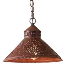 Stockbridge Punched Tin Hanging Shade Pendant Light w/ Chisel in Rustic Tin