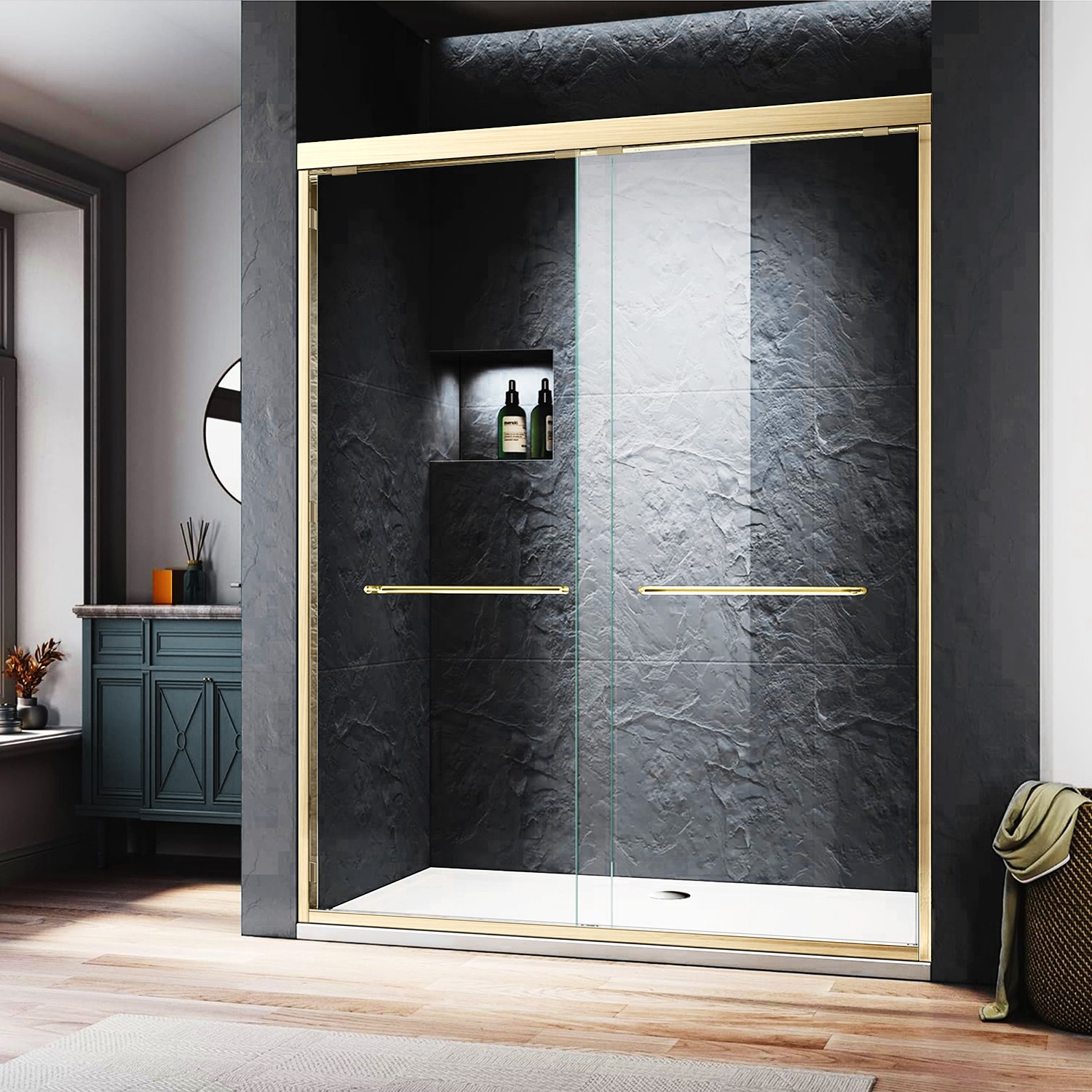 Brushed Gold 60x72 Clear Glass Sliding Shower Door with 4-Inch Adjustable Frame