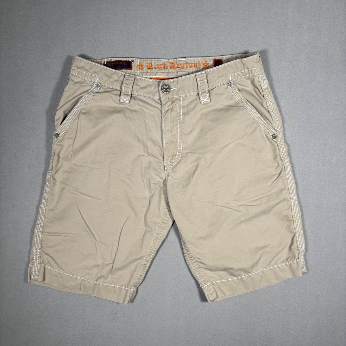 Rock Revival Cargo Shorts Mens 36 Khaki Classic Embroidered