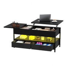 Lift Top Coffee Table With RGB LED Lights 2 Drawers Fabric Storage Black
