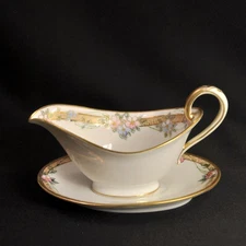 Nippon M-in-Wreath Sauce Gravy Boat Underplate HandPainted Floral Gold 1911-1918