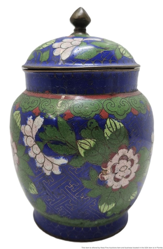Gorgeous Antique Enamel Copper Urn Ginger Jar Floral Pattern Cloisonne Lidded