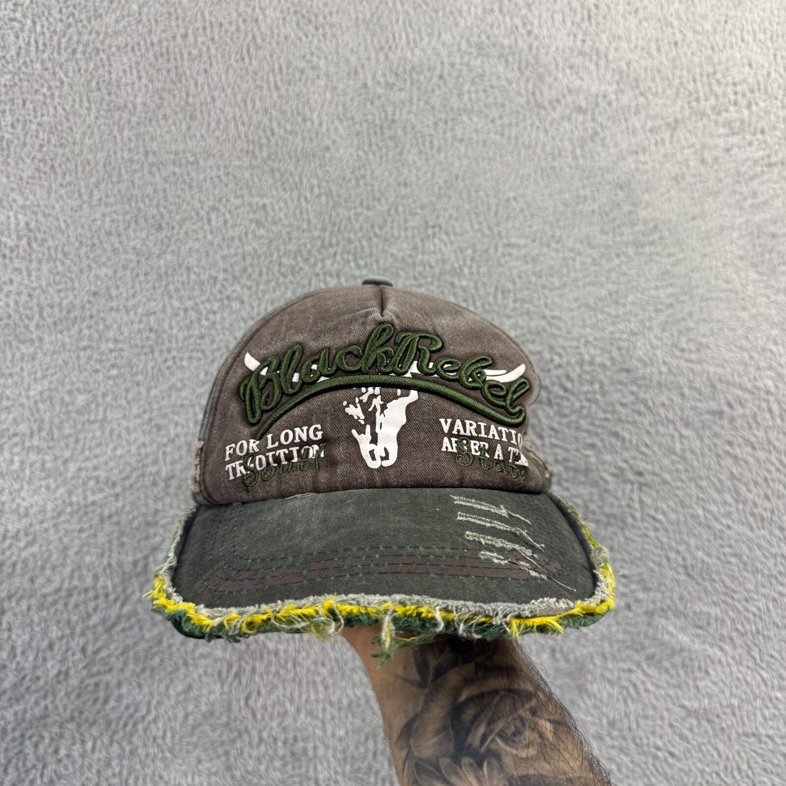 Vintage Black Rebel Grey Green Longhorn Skull Distressed Adjustable Baseball Cap