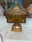 Vintage Amber/Marigold Candy Dish Square Glass Pedestal With Lid