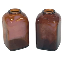 Amber Glass Snuff Square Bottles 3.5" Decorative Vases St of 2 Vintage