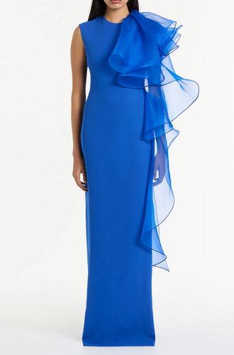 Carla Zampatti Cobalt Crepe Ruffle Shoulder Gown - Size 8 - Picture 2 of 7