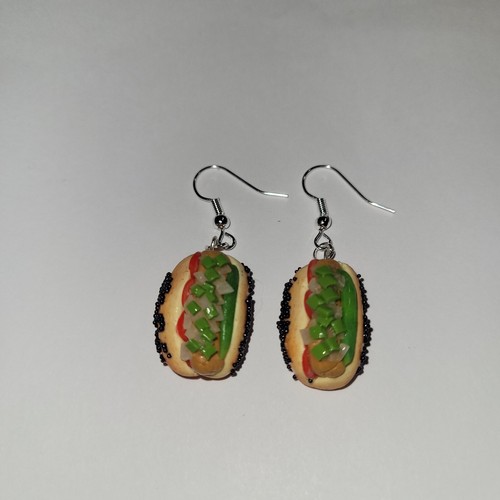 Chicago Hot Dog Earrings Silver Wire Hot Dog Mustard Pickle Tomato Relish - 第 2/5 張圖片