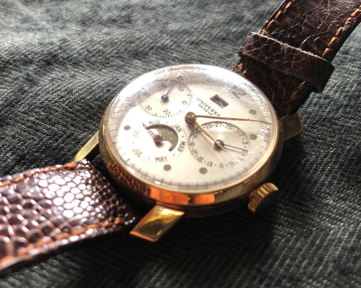 Vintage Universal Geneve Gold and Steel Triple Calendar Moon