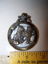 Vintage Bronze Wolf Animal Pocket Watch Quartz Chain Necklace Hollow Pendant Men
