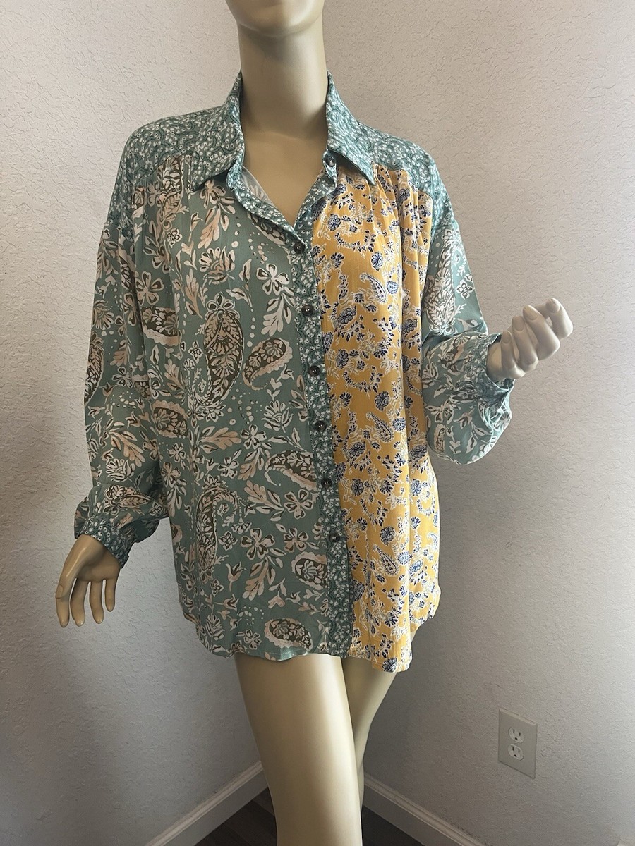 NWT Davi & Dani Mixed Print Slouchy Button Down Top, Sz S, MSRP