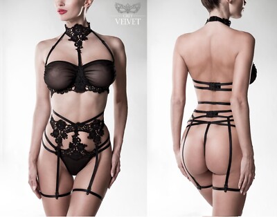 GREY VELVET EROTIKSET BH STRING STRAPSHALTER BEINHARNESS  clubwear spitze