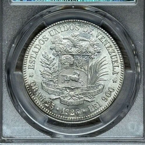 MONEDA DE PLATA ANTIGUA VENEZUELA 5 BOLÍVARES 1926 AU 55 0,900 PCGS 🐉 Foto 4 de 4