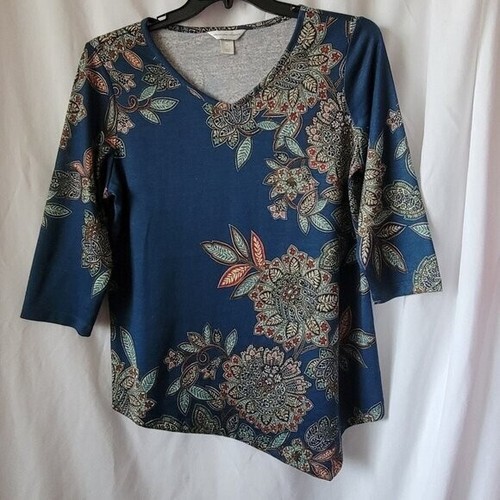 Christopher & Banks Med Top blau Blumen V-Ausschnitt 3/4 Ärmel Stretch 1x getragen! EUC - Bild 3 von 8