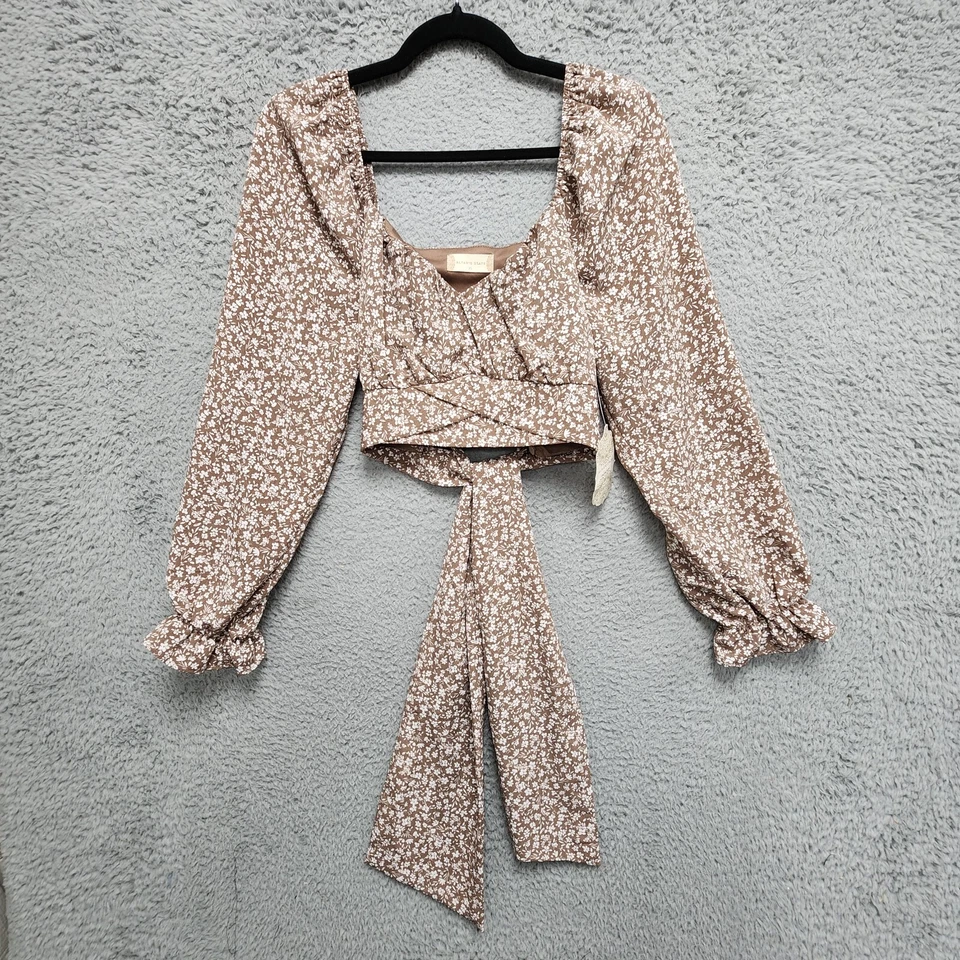 Altar'd State Crop Tie Top Womens XL Brown Ivory Floral Long Sleeve NEW w/ Tag - Image 2 of 4