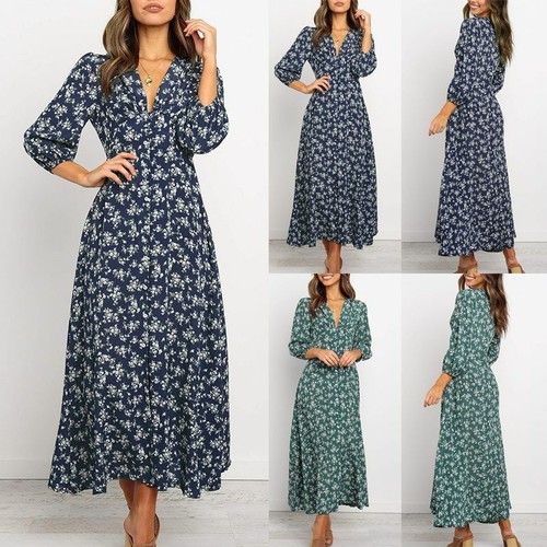 Women Lady Boho Kimono Sleeve Floral Long Maxi Summer Beach Dress Sundress Party - Picture 2 of 14