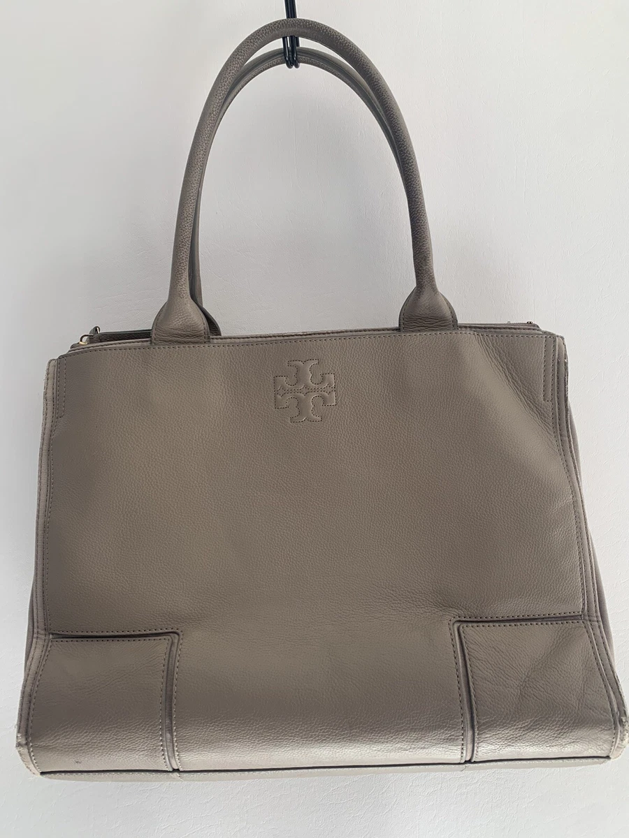 Tory Burch Ella Canvas Pebbled Leather Beige Tote Handbag Purse Bag Large