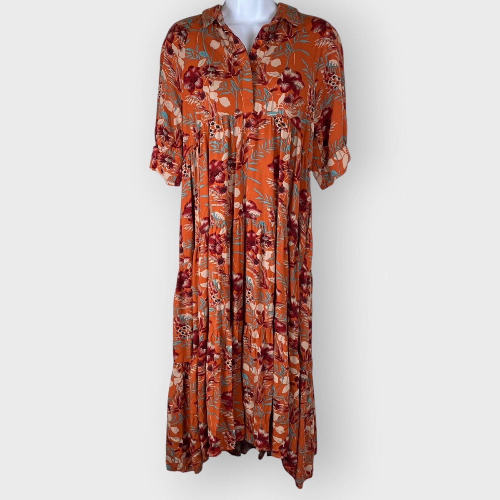 Natural Life Rebecca Midi Dress | S | Tropical Floral Tiered | Boho Cottagecore