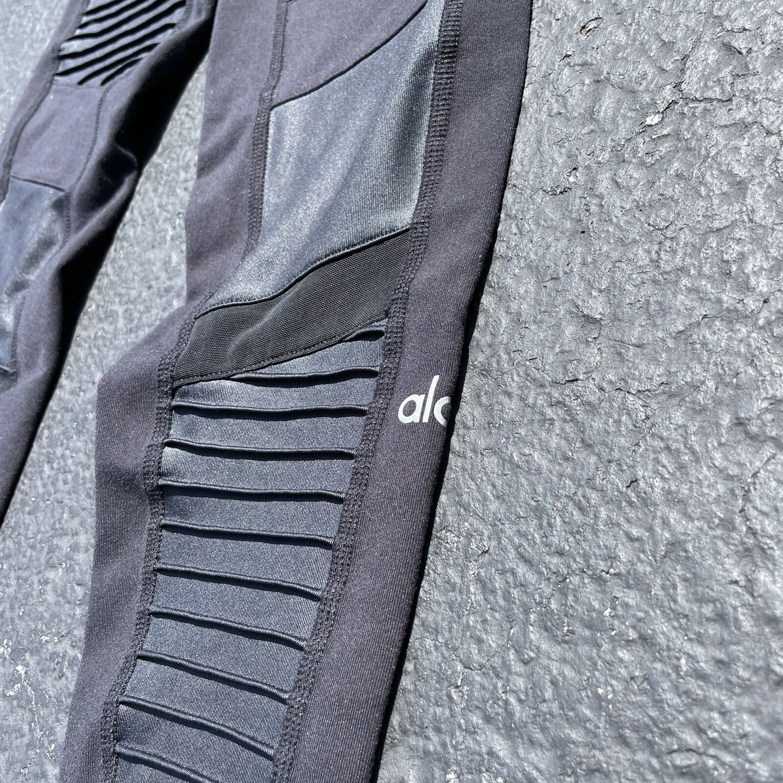 alo-yoga moto stretch faux leather mesh high waist leggings