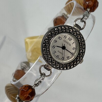 Geneva Multi Stone Bracelet Womens Watch Silver Tone Dial Brown Band NEW BATTERY