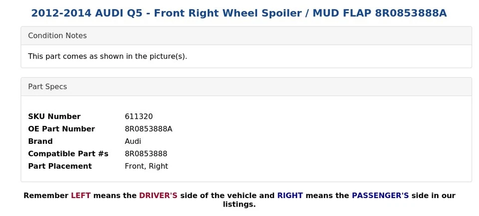2012-2014 AUDI Q5 - спойлер переднего правого колеса / брызговик 8R0853888A - Изображение 4 из 4