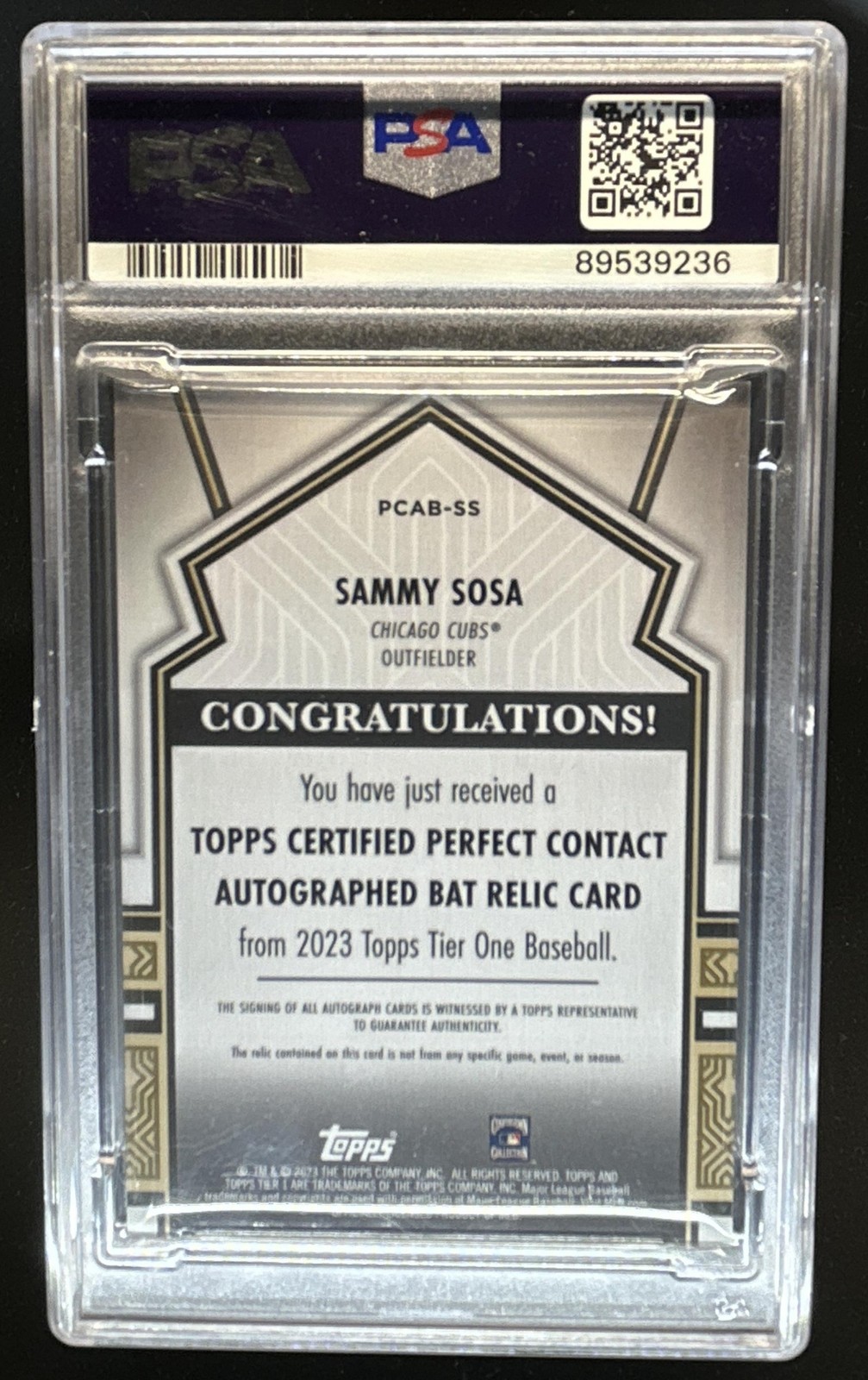 2023 Topps Tier One Sammy Sosa Perfect Contact Auto Bat Relics #/5 Cubs PSA 9 view 2