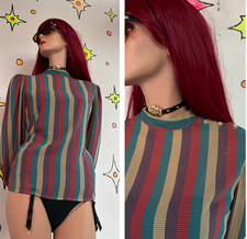 Vintage 70s Rainbow Striped Secretary Blouse Retro Dark Academia L