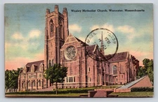 Vintage Linen Postcard Wesley Methodist Church Worcester MA 1930s