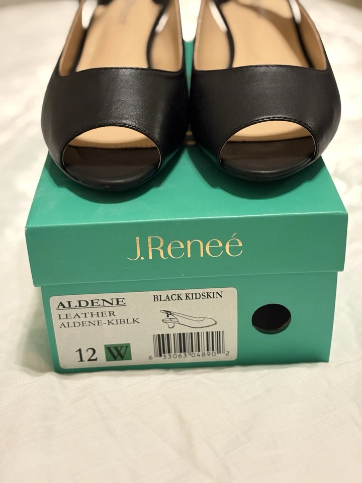 Nuevo J. Renee ALDENE Cuero Negro Niños Piel Cordones Bomba Corto Tacón Alto 12 Ancho Foto 3 de 4