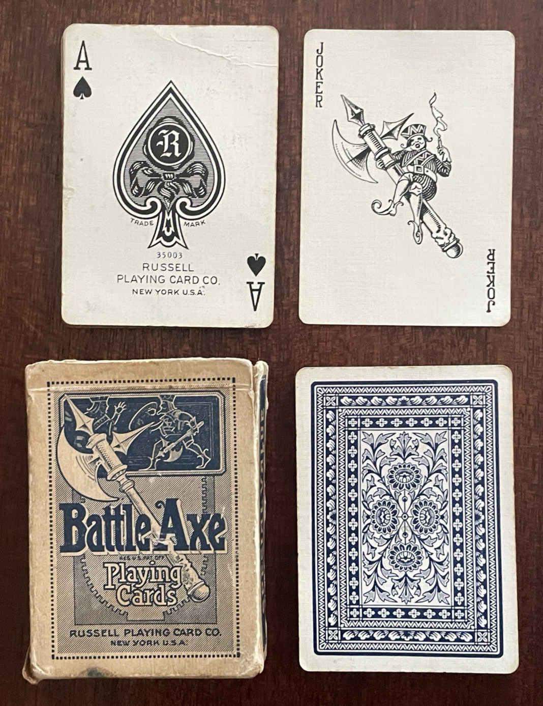 Antique c1920s Russell PCC Battle Axe Playing Cards, 52/52 + joker + box