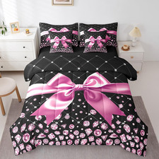 Kids Cute Bowknot Bed in a Bag Full Size, Pink Bow Comforter Set with Sheets Geo