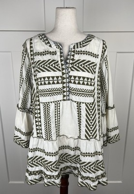 John Mark 1X Boho Tunic Top Cotton Olive Cream Geometric Print Bell Sleeves