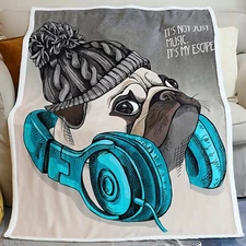 Famitile Pug Throw Blanket, Cool Listening to Music Puppy Fleece Blanket Super