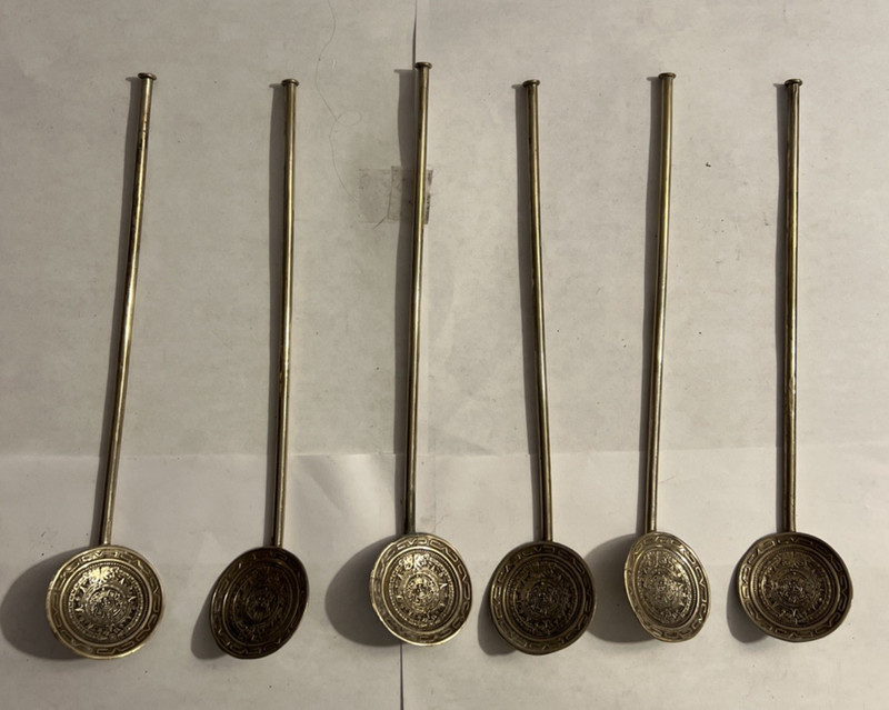 Six Mexican Silver Sipper Straw /sundial bowl  7 3/4"