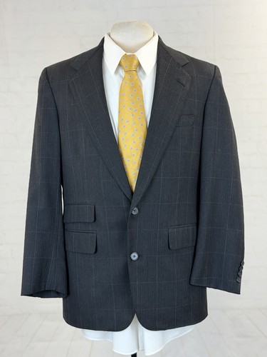 Southwick, Southwick Men's Dark Gray Windowpane Plaid Blazer 40R Two Button USA Vintage