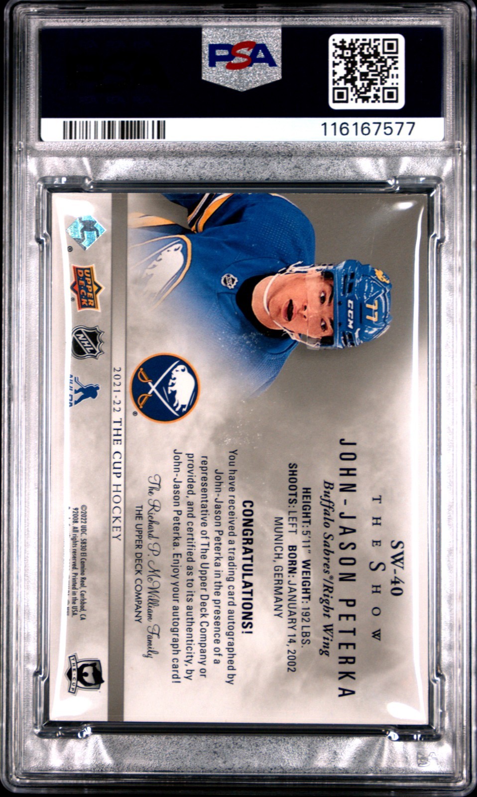2021-22 UD The Cup #SW-40 Jason Peterka The Show Rookie Auto RC PSA 8 NM-MT view 2