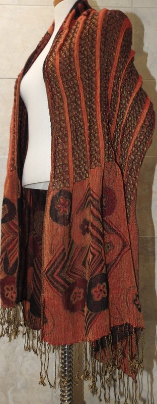 Tapestry Reversible Burnt Orange Wrap w/ Crinkle Segments 81" Long, Fringed